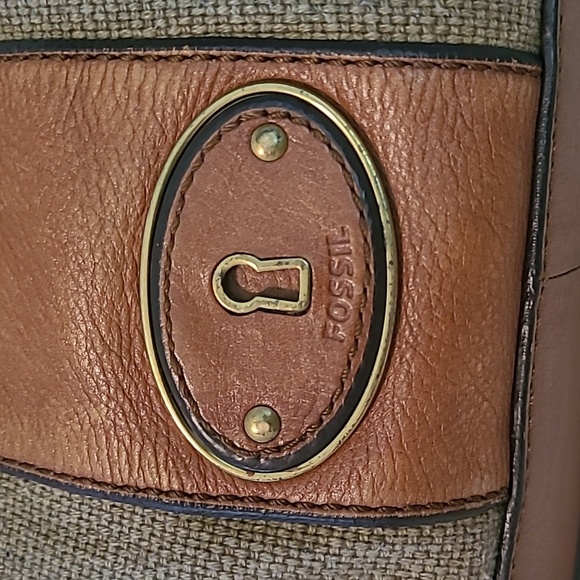 Fossil Vintage Revival Tan Leather Sage Canvas Top Handles Satchel Shoulder Bag - Picture 3 of 16